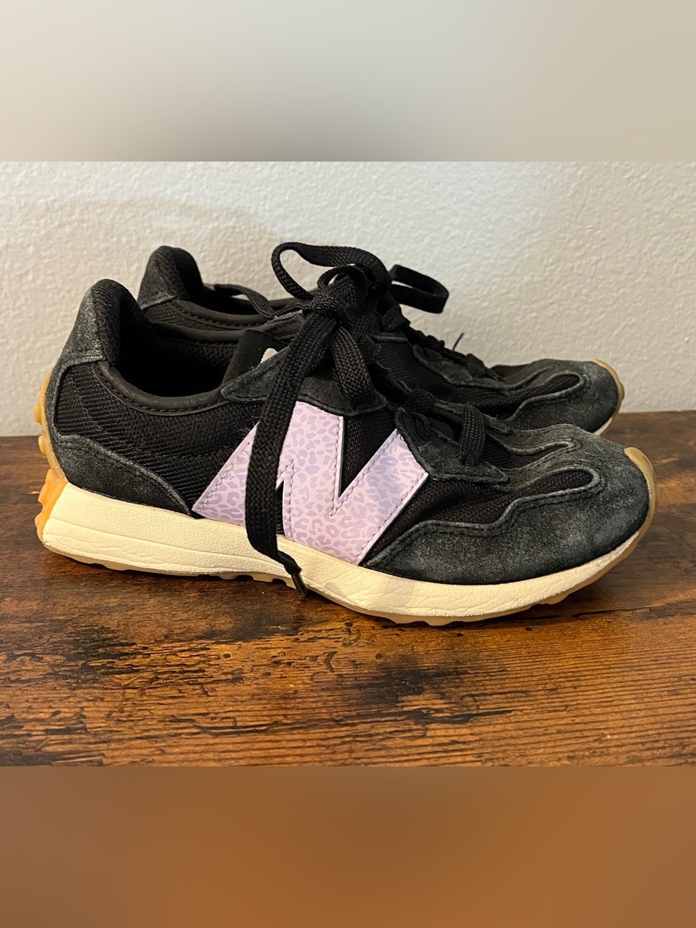 New Balance Kids 327 Black Sneaker with Lavender Leopard 'N' Accent 13.5